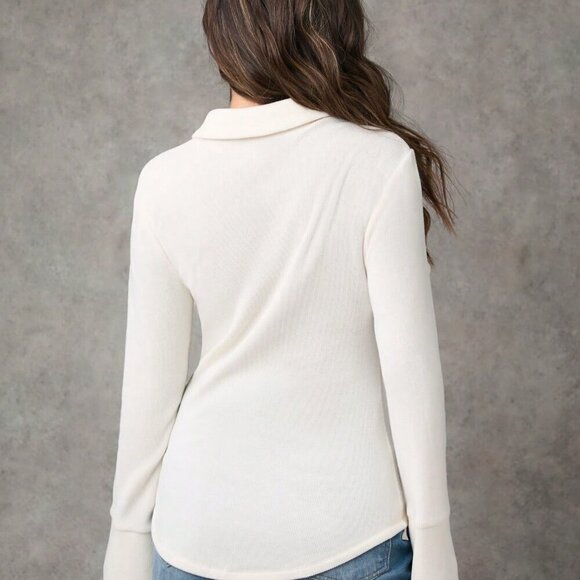 Beige Casual Women's Knitted Wool Blend Long Sleeve Button Down Blouse - Picture 2 of 6